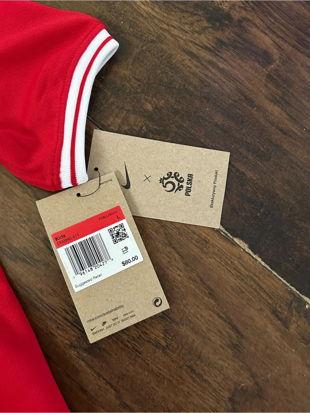 Nike Red and White Kids Soccer Jersey with Poland Tag